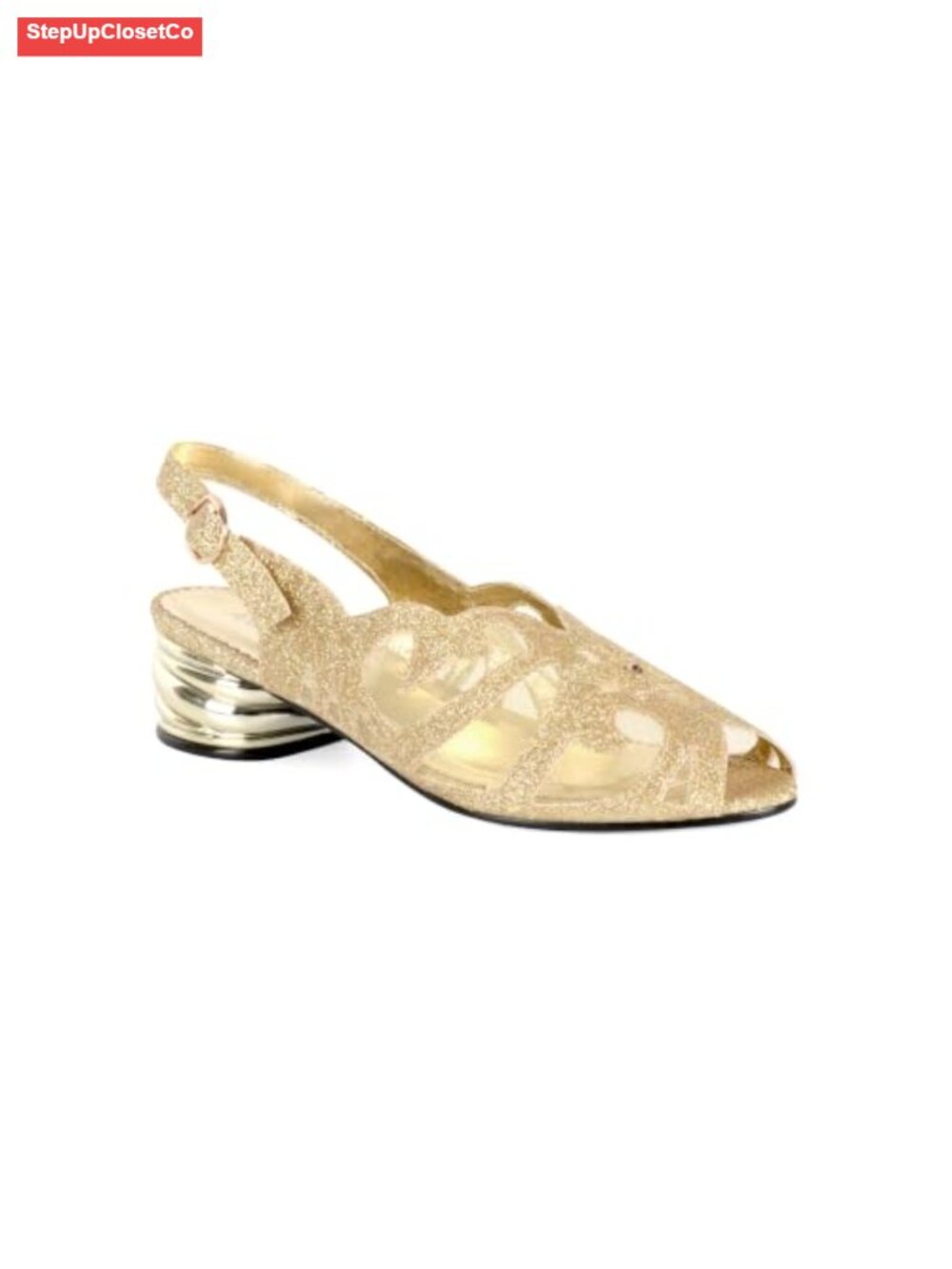 Glitter Mesh Slingback Heeled Sandals Chunky Low Block Heels Peep Toe Women
